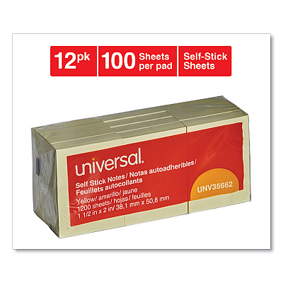 Universal Self-Stick Note Pads, 1.5" x 2", Yellow, 100 Sheets/Pad, 12 Pads/Pack (UNV35662)