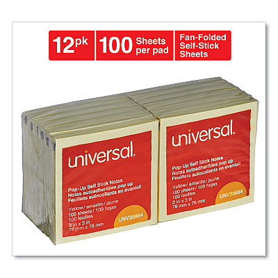 Universal Fan-Folded Self-Stick Pop-Up Note Pads, 3" x 3", Yellow, 100 Sheets/Pad, 12 Pads/Pack (UNV35664)