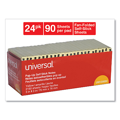 Universal Fan-Folded Self-Stick Pop-Up Note Pads Cabinet Pack, 3" x 3", Yellow, 90 Sheets/Pad, 24 Pads/Pack (UNV35694)