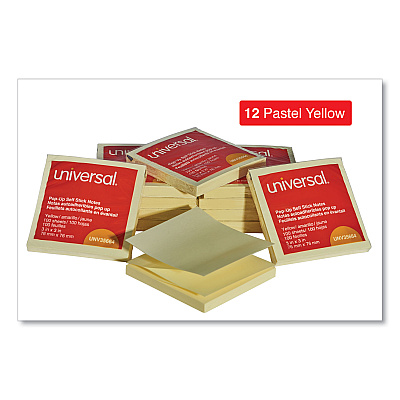 Universal Fan-Folded Self-Stick Pop-Up Note Pads, 3" x 3", Yellow, 100 Sheets/Pad, 12 Pads/Pack (UNV35664)