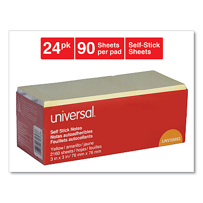 Universal Self-Stick Note Pad Cabinet Pack, 3" x 3", Yellow, 90 Sheets/Pad, 24 Pads/Pack (UNV35693)