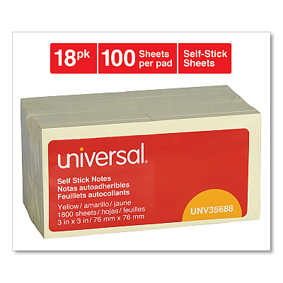 Universal Self-Stick Note Pad Value Pack, 3" x 3", Yellow, 100 Sheets/Pad, 18 Pads/Pack (UNV35688)