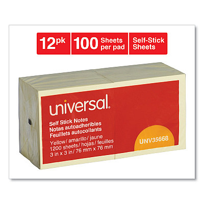 Universal Self-Stick Note Pads, 3" x 3", Yellow, 100 Sheets/Pad, 12 Pads/Pack (UNV35668)