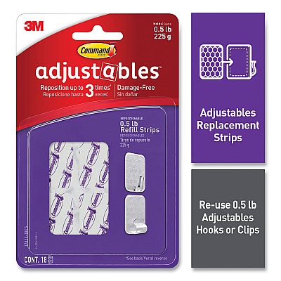 Command Adjustables Repositionable Mini Refill Strips, Holds up to 0.5 lb, 1.03 x 1.32, White, 18 Strips (MMM1782018ES)