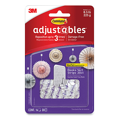Command Adjustables Repositionable Mini Hooks, Plastic, White, 0.5 lb Capacity, 14 Hooks and 30 Strips (MMM17830CLR14ES)