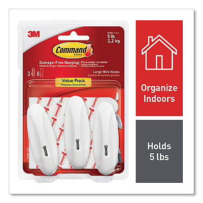 Command General Purpose Wire Hooks, Large, Metal, White, 5 lb Capacity, 3 Hooks and 8 Strips/Pack (MMM170693ES)