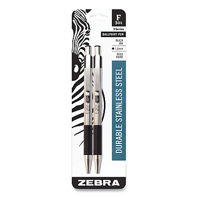 Zebra F-301 Ballpoint Pen, Retractable, Bold 1.6 mm, Black Ink, Stainless Steel/Black Barrel, 2/Pack (ZEB27312)