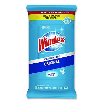 Windex Glass and Surface Wet Wipe, Cloth, 7 x 8, Unscented, White, 38/Pack, 12 Packs/Carton (378032)