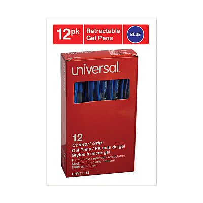 Universal Comfort Grip Gel Pen, Retractable, Medium 0.7 mm, Blue Ink, Clear/Blue Barrel, Dozen (UNV39913)