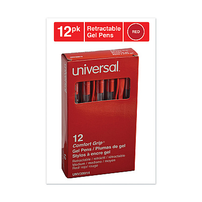 Universal Comfort Grip Gel Pen, Retractable, Medium 0.7 mm, Red Ink, Clear/Red Barrel, Dozen (UNV39914)