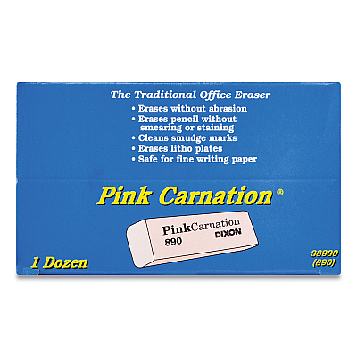 Dixon Pink Carnation Erasers, For Pencil Marks, Rectangular Block, Medium, Pink, Dozen (DIX38900)