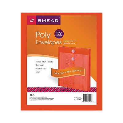 Smead Poly String and Button Interoffice Envelopes, Open-End (Vertical), 9.75 x 11.63, Transparent Red, 5/Pack (SMD89547)