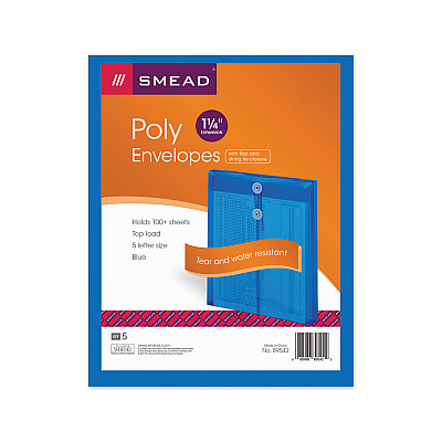 Smead Poly String and Button Interoffice Envelopes, Open-End (Vertical), 9.75 x 11.63, Transparent Blue, 5/Pack (SMD89542)