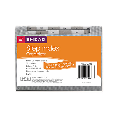 Smead Step Index Organizer, 12 Sections, Cord/Hook Closure, 1/6-Cut Tabs, Letter Size, Silver (SMD70903)