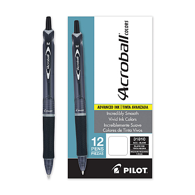 Pilot Acroball Colors Advanced Ink Hybrid Gel Pen, Retractable, Medium 1 mm, Black Ink, Smoke/Black Barrel, Dozen (PIL31810)