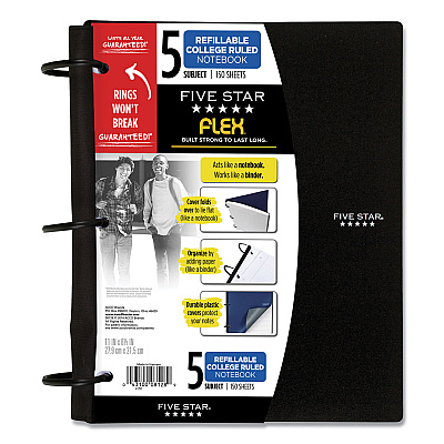 Five Star FLEX Notebook, 5-Subject, Medium/College Rule, Randomly Assorted Cover Color, (150) 11 x 8.5 Sheets (FVS08128)