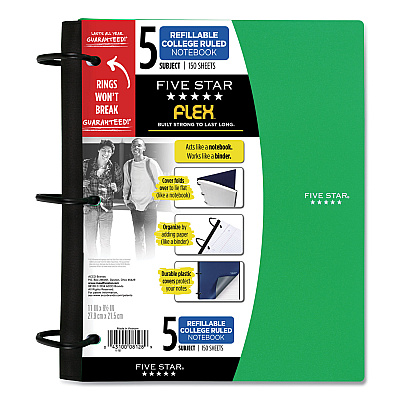 Five Star FLEX Notebook, 5-Subject, Medium/College Rule, Randomly Assorted Cover Color, (150) 11 x 8.5 Sheets (FVS08128)