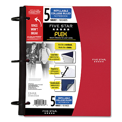 Five Star FLEX Notebook, 5-Subject, Medium/College Rule, Randomly Assorted Cover Color, (150) 11 x 8.5 Sheets (FVS08128)