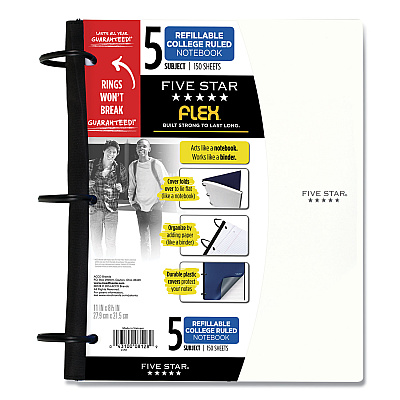 Five Star FLEX Notebook, 5-Subject, Medium/College Rule, Randomly Assorted Cover Color, (150) 11 x 8.5 Sheets (FVS08128)