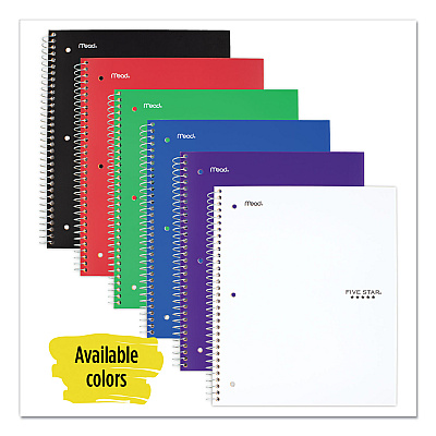 Five Star Wirebound Notebook with Eight Pockets, 5-Subject, Wide/Legal Rule, Randomly Assorted Cover Color, (200) 10.5 x 8 Sheets (MEA51016)