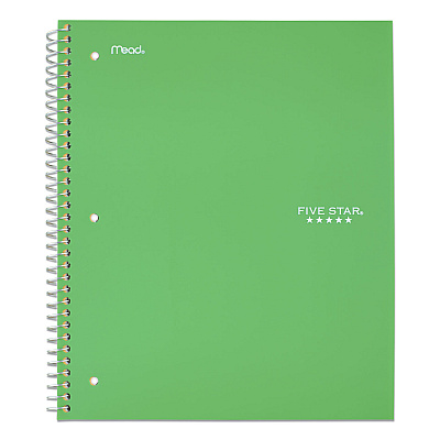 Five Star Wirebound Notebook with Eight Pockets, 5-Subject, Wide/Legal Rule, Randomly Assorted Cover Color, (200) 10.5 x 8 Sheets (MEA51016)