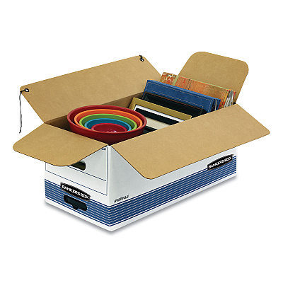 Bankers Box STOR/FILE Medium-Duty Strength Storage Boxes, Letter/Legal Files, 12.25" x 16" x 11", White/Blue, 4/Carton (FEL0002501)