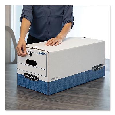 Bankers Box STOR/FILE Medium-Duty Strength Storage Boxes, Letter/Legal Files, 12.25" x 16" x 11", White/Blue, 4/Carton (FEL0002501)