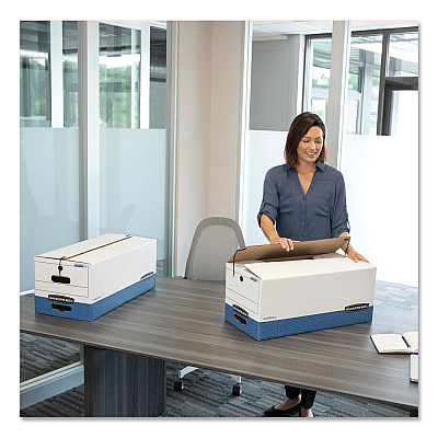 Bankers Box STOR/FILE Medium-Duty Strength Storage Boxes, Letter/Legal Files, 12.25" x 16" x 11", White/Blue, 4/Carton (FEL0002501)