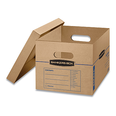 Bankers Box SmoothMove Classic Moving/Storage Boxes, Half Slotted Container (HSC), Small, 12" x 15" x 10", Brown/Blue, 15/Carton (FEL7714209)