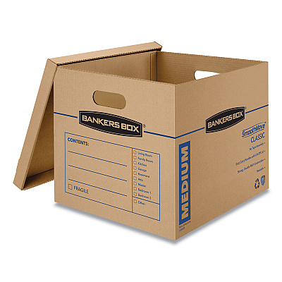 Bankers Box SmoothMove Classic Moving/Storage Boxes, Half Slotted Container (HSC), Medium, 15" x 18" x 14", Brown/Blue, 8/Carton (FEL7717201)