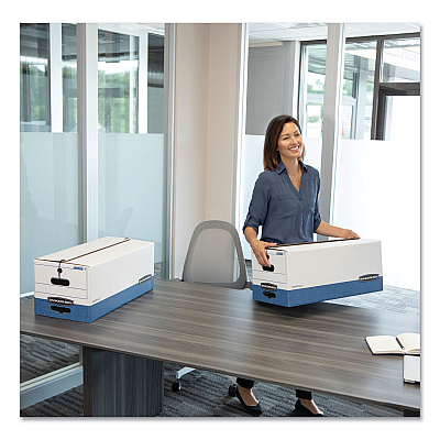 Bankers Box STOR/FILE Medium-Duty Strength Storage Boxes, Letter/Legal Files, 12.25" x 16" x 11", White/Blue, 4/Carton (FEL0002501)