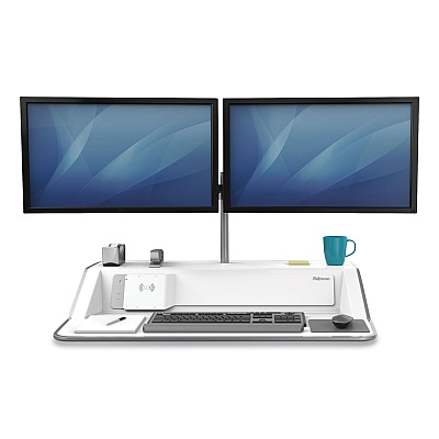 Fellowes Lotus DX Sit-Stand Workstation, 32.75" x 24.25" x 5.5" to 22.5", White (8080201)