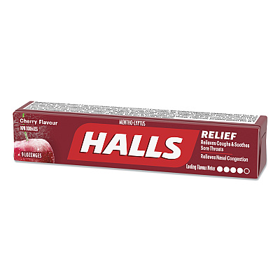 HALLS Mentho-Lyptus Cough and Sore Throat Lozenges, Cherry, 9/Pack, 20 Packs/Box (HLLAMC62476)