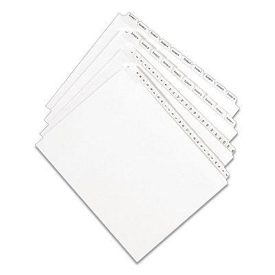 Avery Preprinted Legal Exhibit Side Tab Index Dividers, Allstate Style, 10-Tab, 11, 11 x 8.5, White, 25/Pack (AVE82209)