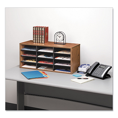 Fellowes Particle Board Desktop Sorter, 12 Compartments, 29 x 11.88 x 12.94, Medium Oak (FEL25400)
