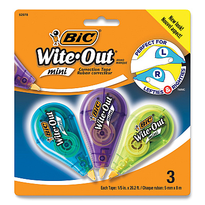 BIC Wite-Out Brand Mini Correction Tape, Non-Refillable, Blue/Purple/Yellow Applicators, 0.2" x 314.4", 3/Pack (BICWOTMP31WHI)