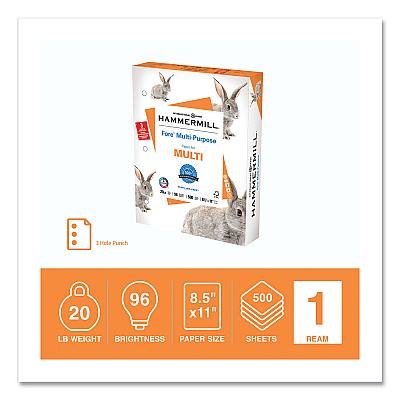 Hammermill Fore Multipurpose Print Paper, 96 Bright, 3-Hole, 20 lb Bond Weight, 8.5 x 11, White, 500 Sheets/Ream (HAM103275)