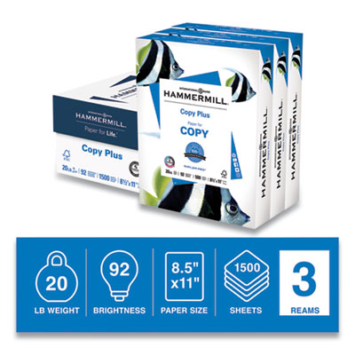 Hammermill Copy Plus Print Paper, 92 Bright, 20 lb Bond Weight, 8.5 x 11, White, 500 Sheets/Ream, 3 Reams/Carton (HAM105040)