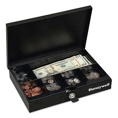 Honeywell Low Profile Cash Box,1 Bill, 5 Coin Slots, Key Lock, 11.6 x 8 x 1.9, Steel, Black (HWL6212)