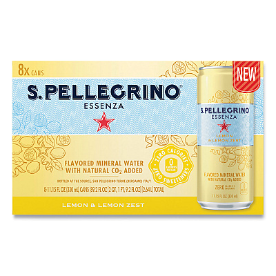 San Pellegrino Essenza Flavored Mineral Water, Lemon and Lemon Zest, 11.15 oz Can, 8/Pack (NLE12394352)