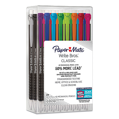 Paper Mate Write Bros Mechanical Pencil, 0.7 mm, HB (#2), Black Lead, Black Barrel with Assorted Clip Colors, 24/Box (PAP2096310)