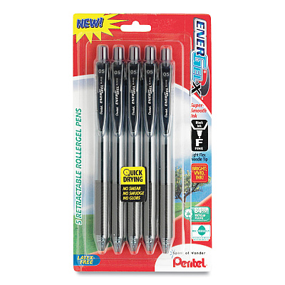 Pentel EnerGel-X Gel Pen, Retractable, Medium 0.7 mm, Black Ink, Smoke/Black Barrel, 5/Pack (PENBL107BPS5A)