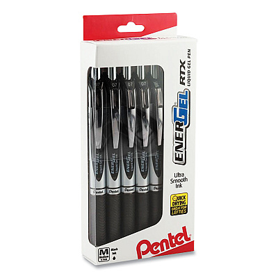 Pentel EnerGel RTX Gel Pen, Retractable, Medium 0.7 mm, Black Ink, Black/Silver Barrel, Dozen (PENBL77PC12A1)