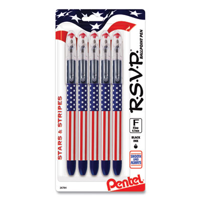 Pentel R.S.V.P. Stars and Stripes Ballpoint Pen, Stick, Fine 0.7 mm, Black Ink, Red/White/Blue Barrel, 5/Pack (PENBK90USABP5A)