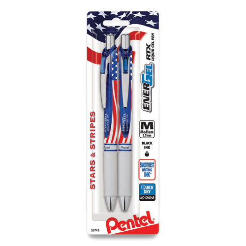 Pentel EnerGel RTX Stars and Stripes Gel Pen, Retractable, Medium 0.7 mm, Black Ink, Red/White/Blue Barrel, 2/Pack (BL77USABP2A)