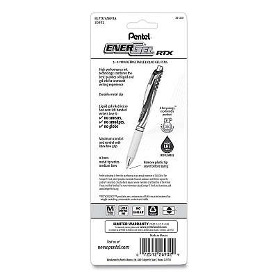 Pentel EnerGel RTX Stars and Stripes Gel Pen, Retractable, Medium 0.7 mm, Black Ink, Red/White/Blue Barrel, 3/Pack (PENBL77USABP3A)