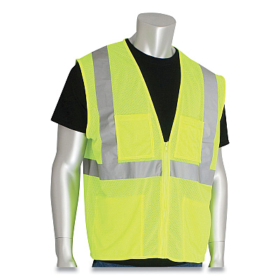 PIP ANSI Class 2 Four Pocket Zipper Safety Vest, Polyester Mesh, X-Large, Hi-Viz Lime Yellow (PIDMVGZ4PLYXL)