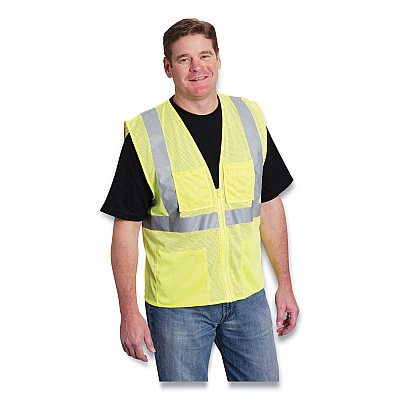 PIP ANSI Class 2 Four Pocket Zipper Safety Vest, Polyester Mesh, 4X-Large, Hi-Viz Lime Yellow (PIDMVGZ4PLY4X)