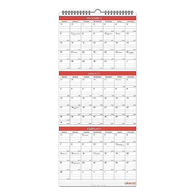 Universal Three-Month Wall Calendar, 12 x 27, White/Red Sheets, 14-Month: Dec 2025 to Jan 2027 (71003)