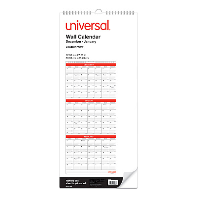 Universal Three-Month Wall Calendar, 12 x 27, White/Red Sheets, 14-Month: Dec 2025 to Jan 2027 (71003)